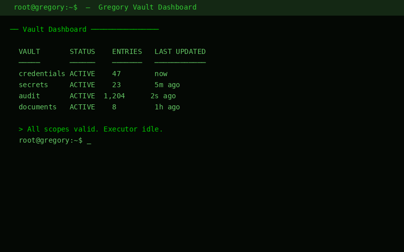 Gregory Vault dashboard with summaries and audit